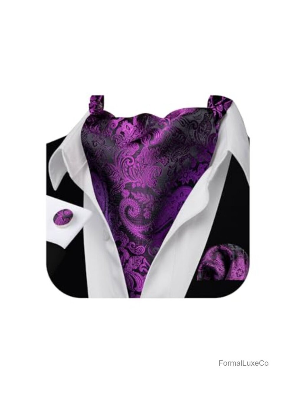 Men's Ascot Tie Cravat Set with Handkerchief & Cufflinks Silk